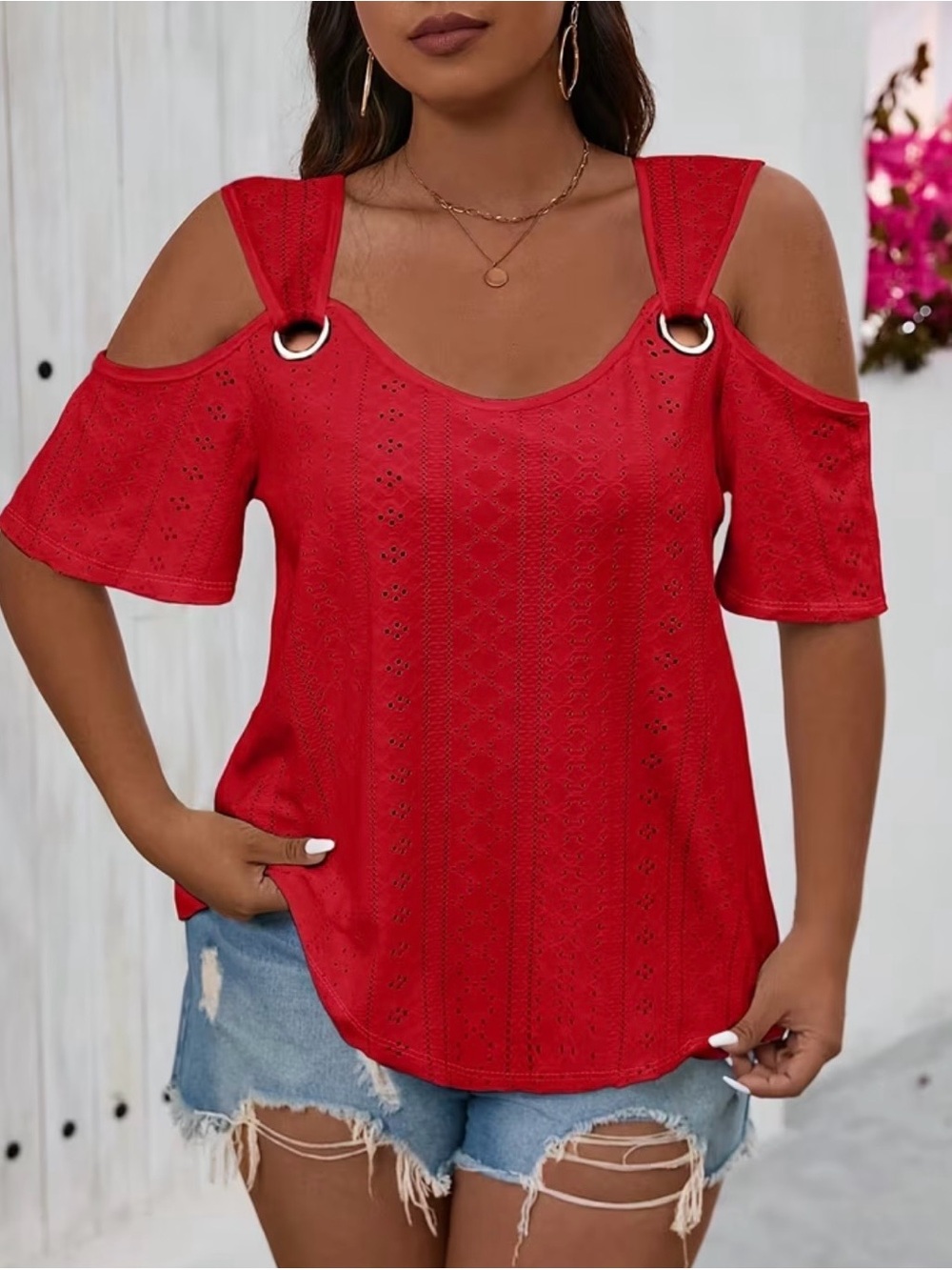 Red Cold-Shoulder Eyelet Knit Top Size XXL NWT Reg. $36.00